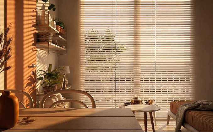Interior scene with wood blinds
