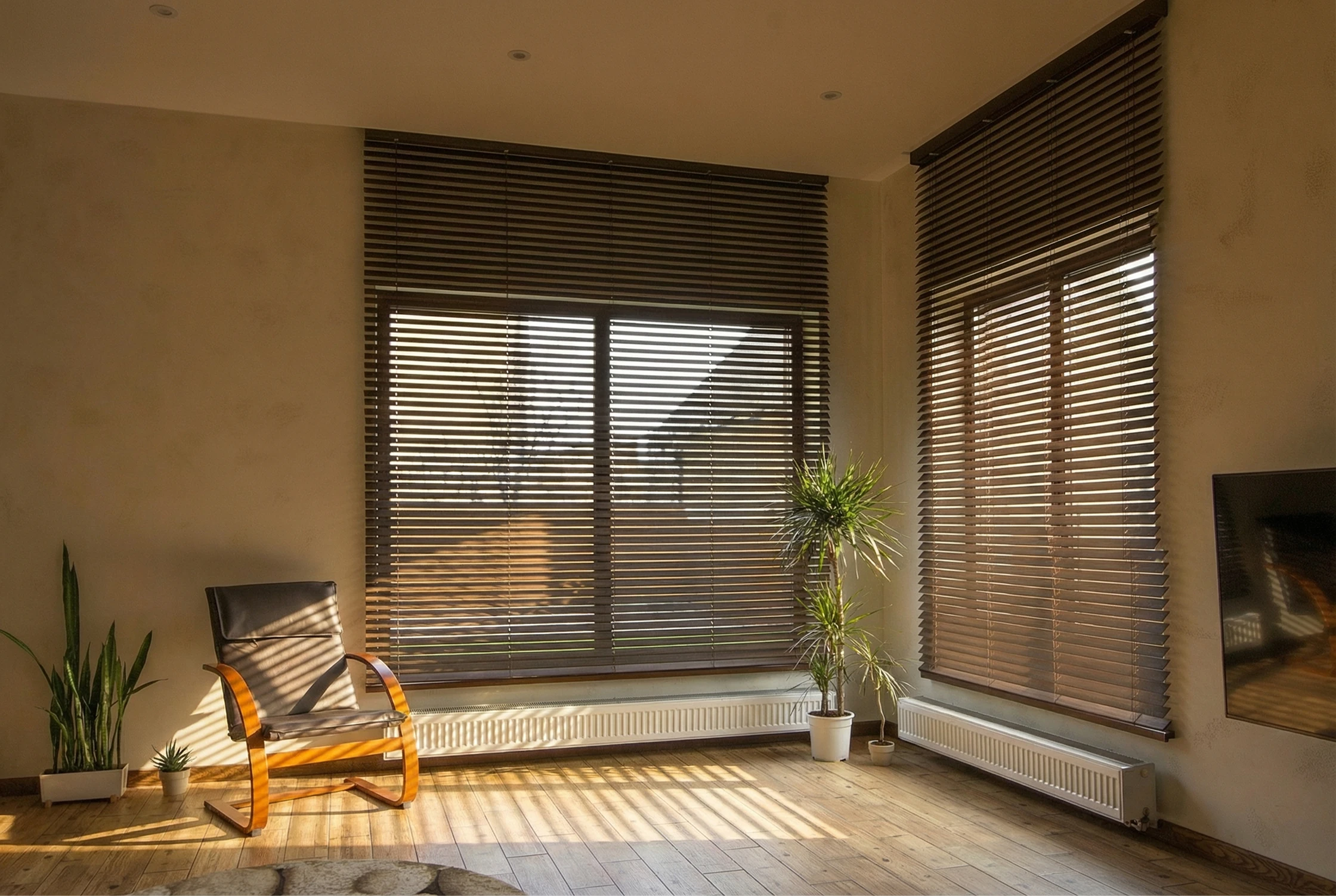 Basswood wood blinds in an architectural interior