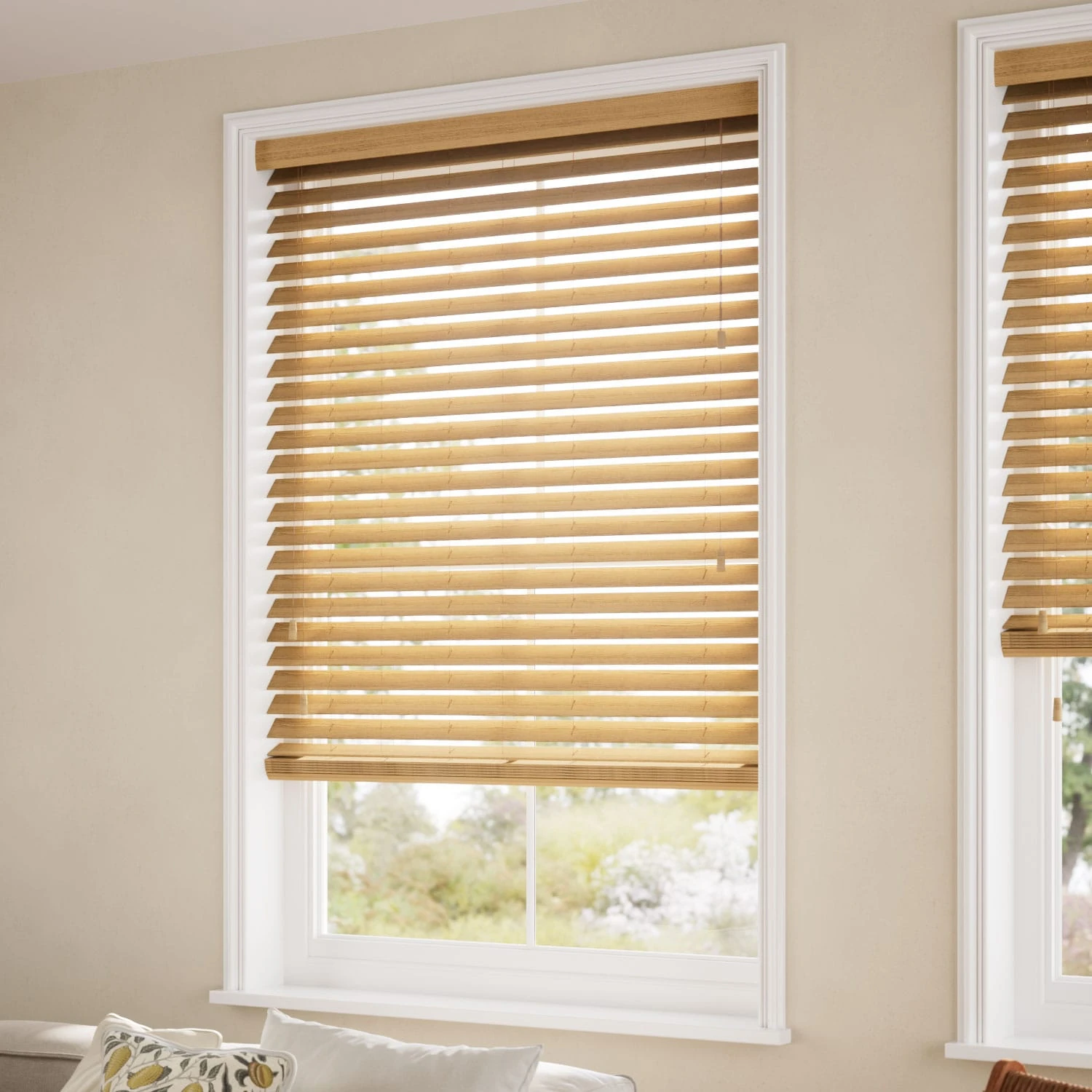 Oak wood blinds in a daylight living space