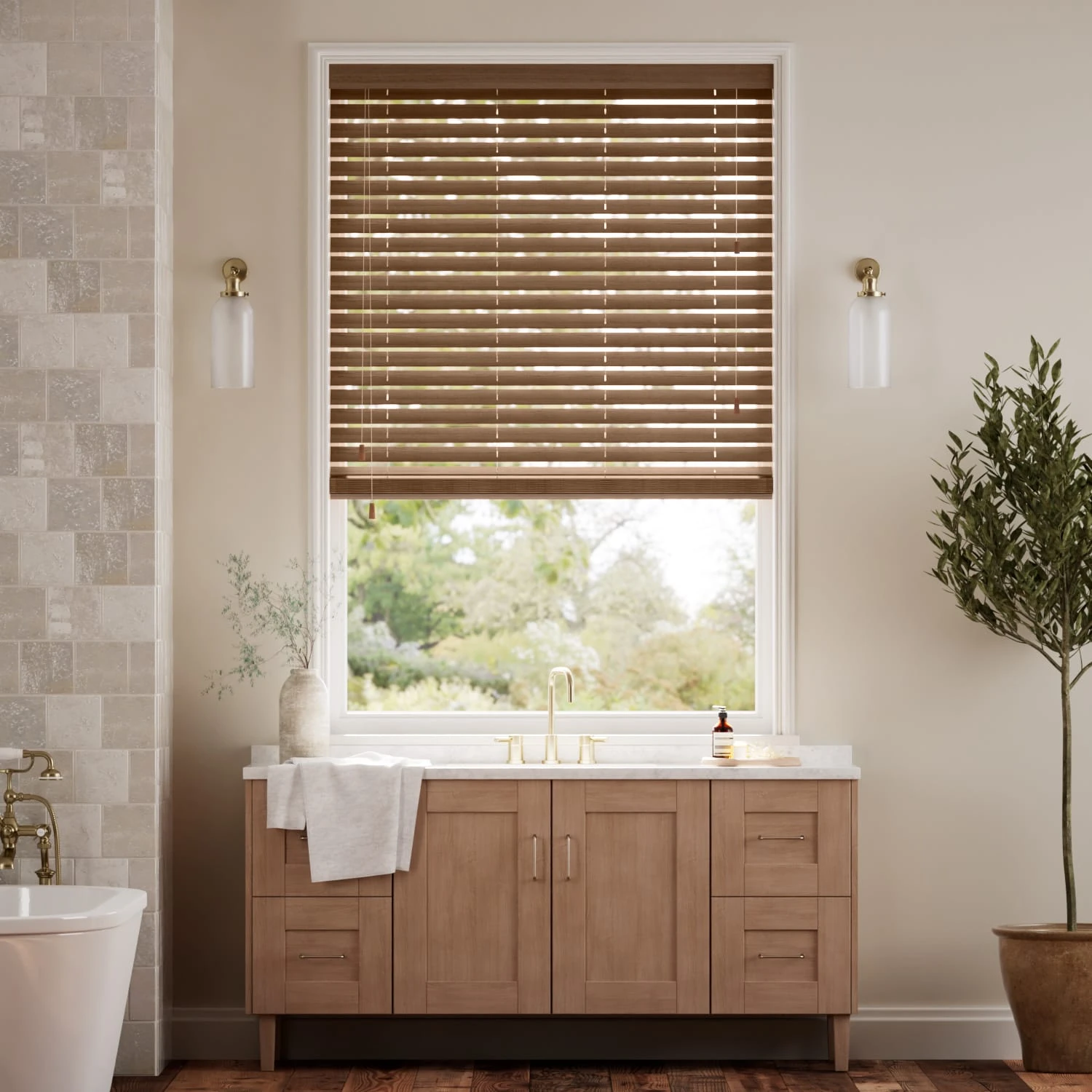 Walnut wood blinds in a lounge setting