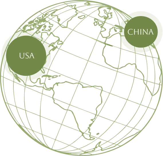 Illustrated globe showing certified wood sourcing from the United States and China